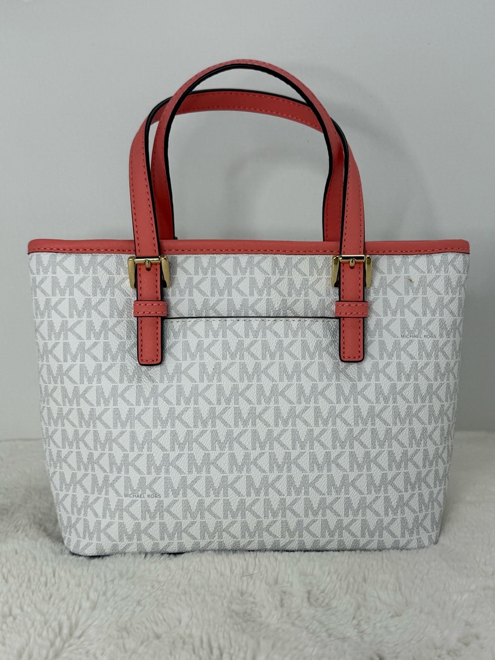 Michael Kors White & Coral Leather-Trim Logo Tote - Picture 2 of 4